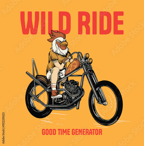 Cool rooster riding a vintage chopper in retro cartoon vector style. Anthropomorphic biker chicken with detailed line art, ideal for t-shirt, mascot, sticker, and streetwear design.