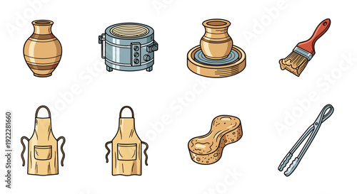 A collection of pottery tools including vases, apron, brush, sponge, and potter's wheel in colorful vector style, ideal for craft and art projects