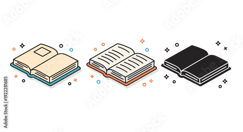 A set of open and closed books in flat minimalist vector style, ideal for educational materials and literature-themed designs