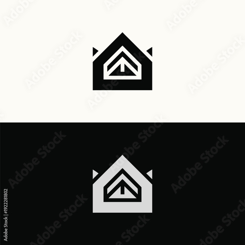 An abstract, modern logo showcasing a stylized house emblem nested within a geometric crown-like form, representing contemporary real estate or innovative property solutions.