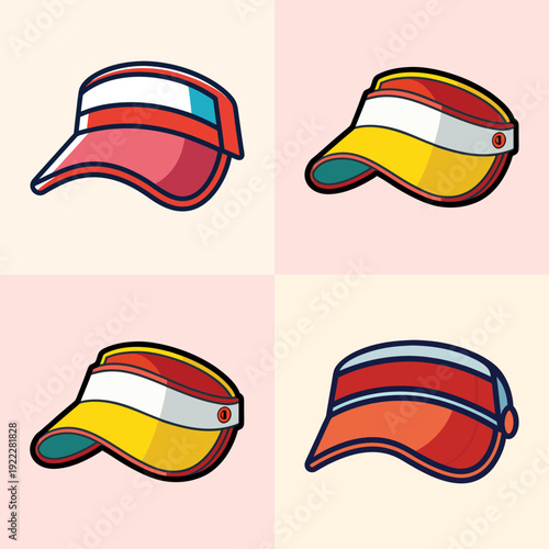 Colorful Panama Hats Set Flat Design Vector Illustration