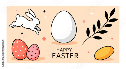 A festive Easter illustration featuring a rabbit, colorful eggs, and leaves in a cheerful vector style, perfect for holiday greeting cards