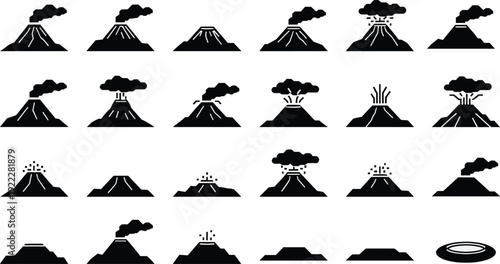 Black and white volcano in various eruption stages volcanic eruption smoking volcano
