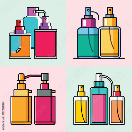 Colorful Perfume Atomizers Set Flat Design Vector Illustration