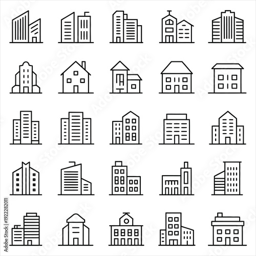 Outline building icons, modern architecture and city structures
