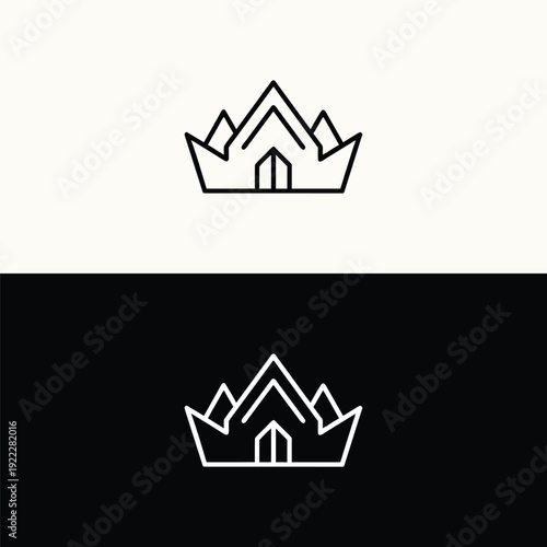 A refined line art logo featuring an elegant crown outline gracefully encompassing a simple house outline with a door and window, signifying upscale property services and secure residences.
