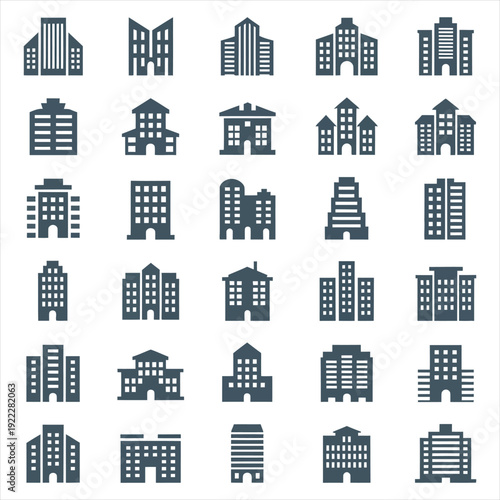 Set of building icons, city skyline elements and architecture symbols