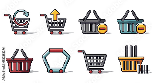 A collection of shopping cart and basket icons in colorful flat vector style, suitable for ecommerce and retail applications