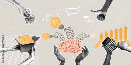 Funding ideas and business development. Trendy halftone collage. Innovation and investment. Concept of new business ideas, innovations, and ideas born in the brain. Vector illustration.