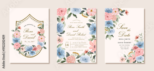 wedding invitation set with pink blue floral watercolor frame