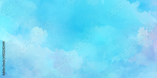 A softly blurred watercolor background features shades of pale blue turquoise