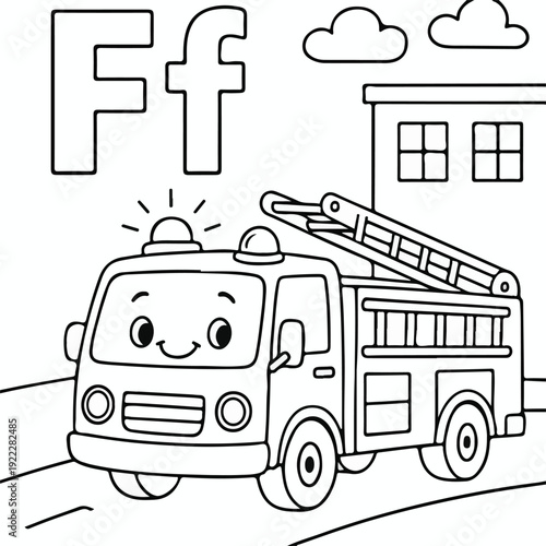 Adorable cartoon fire truck coloring page illustrates the letter f for learning fun alphabet activities.