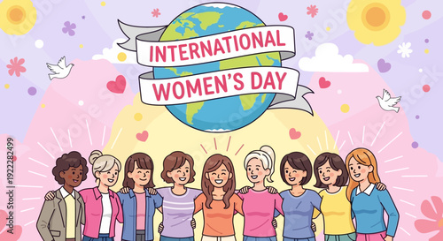 Cute Cartoon International Womens Day Banner with Diverse Women Group