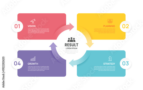 Infographic Venn diagram chart template for business 4 circle arrow label options, presentation with venn diagram elements vector illustration.