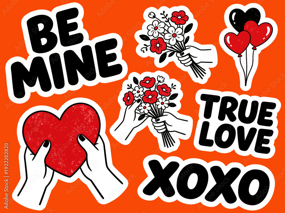 Naklejka premium Valentines Day Stickers Set with Romantic Phrases and Love Symbols.