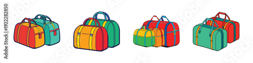 Colorful Duffel Bags Set, Travel Accessories, Flat Design Vector Illustration