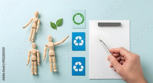 Planning for a greener future wooden figures, recycling symbols, and green leaves representing sustainable choices and environmental responsibility