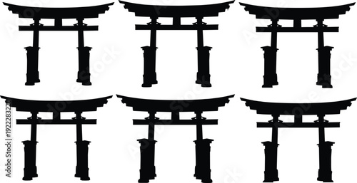 Black silhouettes of japanese torii gates on white background japanese architecture