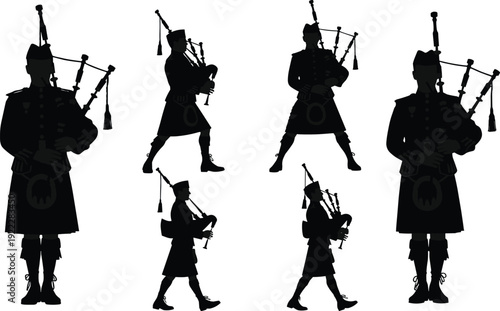 Black silhouettes of men playing bagpipes in kilts white background