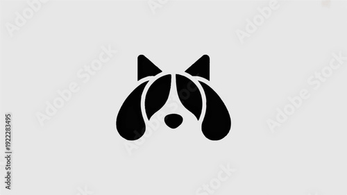 Stylized black dog face icon with floppy ears and cute nose on light gray background simple graphic design