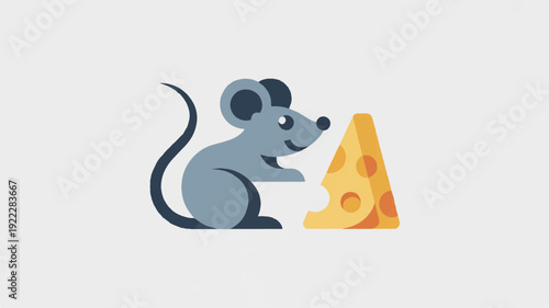 A curious cartoon mouse sitting with a large piece of cheese on a plain background looking happy and excited
