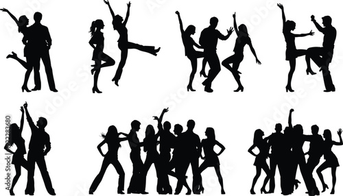 Black silhouettes of people dancing in various poses dance