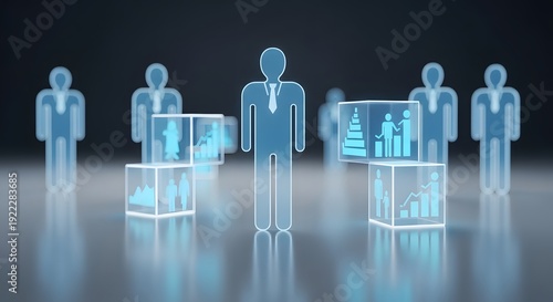 Digital representation of people with data visualizations and charts around them