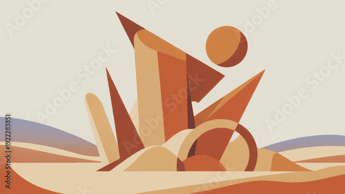 Abstract desert landscape with geometric shapes and sandy dunes under a beige background