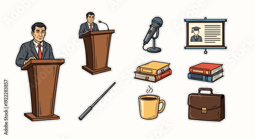 A set of icons featuring a speaker at a podium, microphone, coffee cup, briefcase, books, and diploma in flat vector style, ideal for educational and professional themes