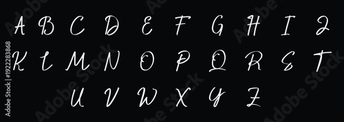 Elegant script alphabet font in handwritten style. Stylish cursive uppercase letters for logo and wedding design. Decorative calligraphy set on dark background.