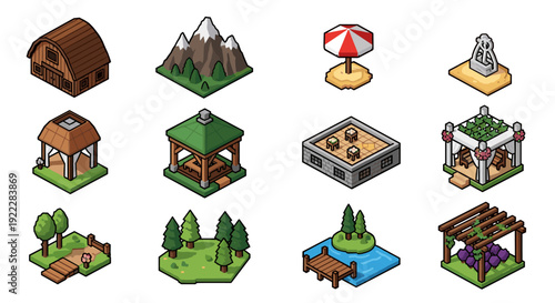 A collection of outdoor scenery elements including buildings, trees, pools, and mountains in colorful modern vector style, perfect for nature-themed designs