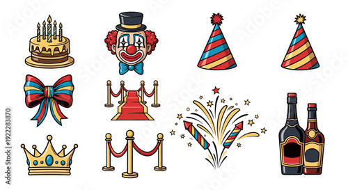 A collection of party-themed icons featuring a clown, cake, fireworks, party hats, and celebratory elements in colorful vector style, perfect for event designs and invitations
