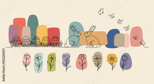 A charming illustration of two rabbits surrounded by colorful eggs and flowers in a pastel vector style, perfect for spring-themed design