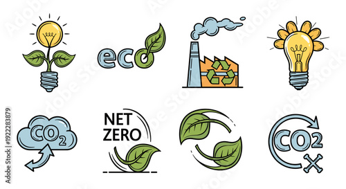 A collection of eco-themed icons including lightbulbs, plants, CO2 symbols, and renewable energy concepts in flat vector style, ideal for environmental awareness projects