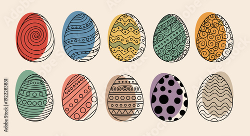 A collection of twelve colorful decorated Easter eggs with various patterns in a modern vector style, ideal for spring holiday designs