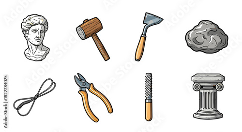 A collection of sculpting tools including a mallet, chisel, and pliers with a classical sculpture head and column in a clean vector style, ideal for art and design projects