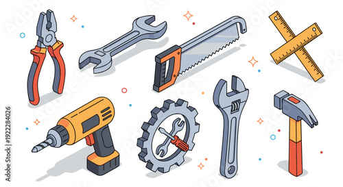 A collection of various hand tools including pliers, wrenches, and rulers in flat geometric vector style, ideal for DIY projects and craftsmanship