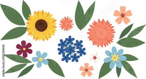 Colorful floral illustration set with sunflowers wildflowers blossoms and green leaves in bright flat style for spring garden and decorative design projects
