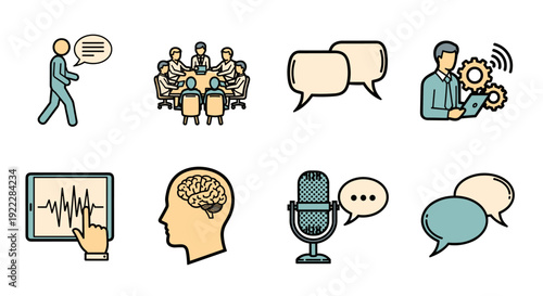 A collection of business communication icons including speech, teamwork, technology, and brainstorming in flat modern vector style, ideal for corporate presentations and training materials