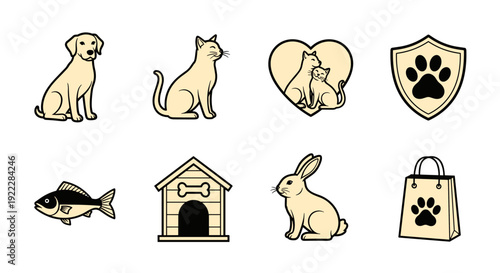 A collection of pet-related icons including a dog, cat, fish, rabbit, pet house, and paw print in minimalist vector outline style, suitable for pet care branding and illustration