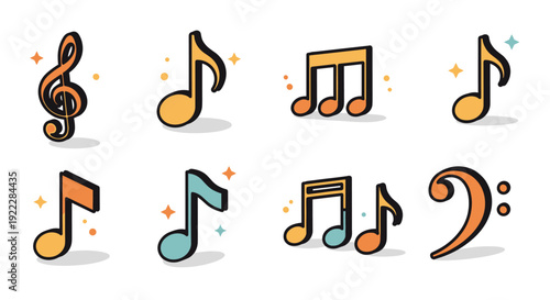 A collection of colorful music notes and symbols in flat vector style, ideal for music-related projects and branding