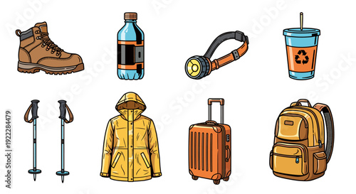 A collection of outdoor adventure gear including hiking boots, water bottles, jackets, and backpacks in colorful flat vector style, ideal for travel and adventure themes