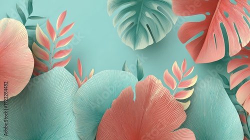 Tropical leaves composition with soft teal and coral tones