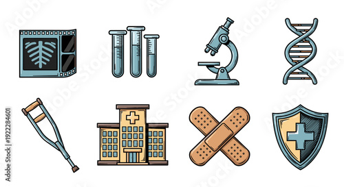 A collection of medical icons including a crutch, hospital building, laboratory equipment, microscope, DNA strand, and first aid symbol in colorful vector style, ideal for health-related projects.
