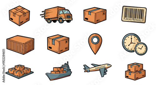 A collection of shipping and logistics icons featuring boxes, a delivery truck, an airplane, and related symbols in a modern vector style, ideal for ecommerce and logistics design