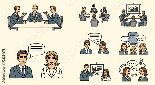 A collection of business meeting illustrations featuring professional characters in discussions, flat vector style, suitable for corporate presentations and teamwork themes