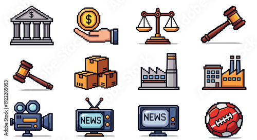 A collection of legal, financial, and media icons in colorful flat vector style, ideal for business and law branding