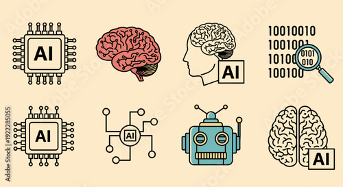 A set of artificial intelligence and brain-themed icons in flat outline vector style, suitable for tech and innovation projects