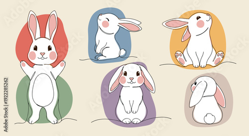 A collection of cute rabbit illustrations in flat minimalist vector style, perfect for children's products and playful designs