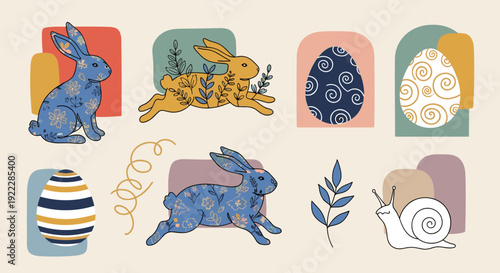 A collection of colorful rabbits, decorative eggs, and a snail in modern vector style, perfect for spring and Easter celebrations
